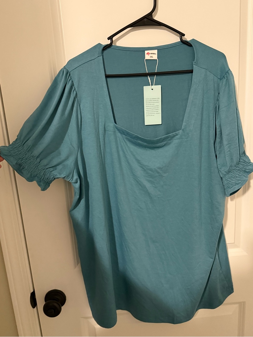 Teal Scoop Neck Short Sleeve Top with Gathered Sleeves - Picture 2 of 3